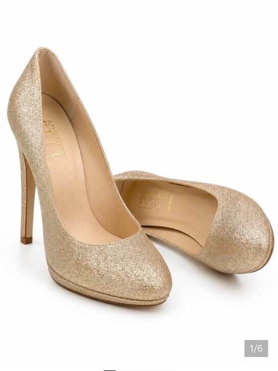Something Bleu Bridal Shoes - Something Bleu Gold Glitter Pumps Made in Italy Leather Sole Heels Size 9